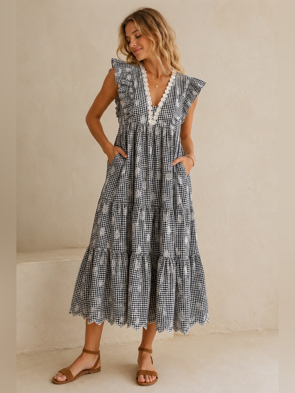 #239 Cotton Black & White Gingham Tiered Maxi Dress with Lace Trim - Picture 2 of 3